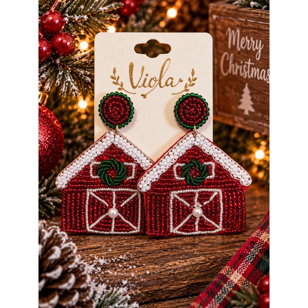 Christmas Barn Seed Bead Earrings Red Farmhouse Wreath Holiday Statement Earring